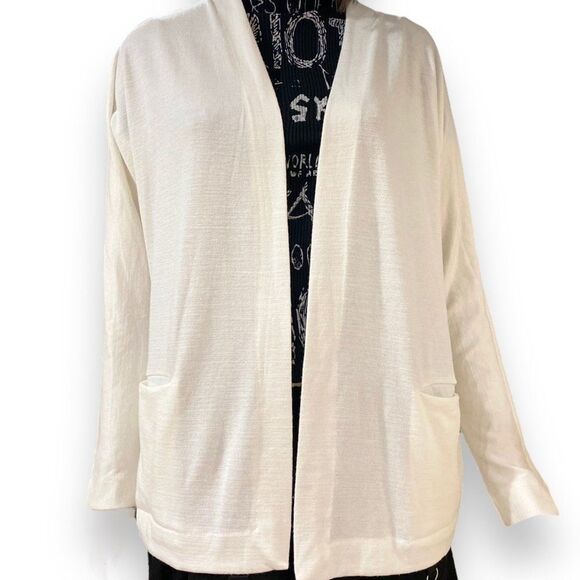 Timeless Ivory Open Front Pockets Mid-Length Lightweight Knit Cardigan NEW - Picture 2 of 3